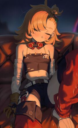 1girls absurdres bare_shoulders belt black_shorts black_tube_top blonde_hair blush closed_mouth couch crop_top detached_pants detached_sleeves earrings female gloves goggles goggles_around_neck green_eyes hair_ornament half-closed_eye highres hollow_(zenless_zone_zero) jewelry midriff navel night night_sky on_couch one_eye_closed orange_pants outdoors pants piper_wheel shirt shoes short_eyebrows shorts sky solo spiked_shirt strapless syhan thick_eyebrows torn_clothes torn_shirt torn_tube_top tube_top white_shoes white_sleeves yellow_gloves zenless_zone_zero