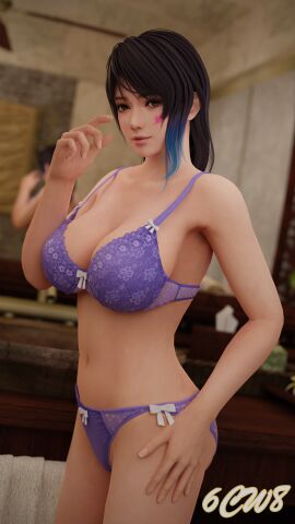 1girls 3d 6cw8 alluring amber_eyes big_breasts black_and_blue_hair bra breasts cleavage dead_or_alive dead_or_alive_xtreme_venus_vacation female female_only lingerie panties pin_up shandy_(doa) solo tecmo underwear