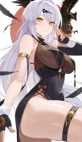 1girls absurdres armlet bird black_dress breasts covered_navel dress falling_feathers feathers female fingerless_gloves gloves gold_trim grey_hair hair_ornament highres jewelry kuji-in large_breasts long_hair looking_at_viewer parted_lips skindentation solo tassel thigh_strap thighs very_long_hair weimiaw yellow_eyes yin_yang yixuan_(zenless_zone_zero) zenless_zone_zero