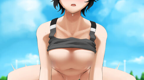 bare_shoulders black_hair black_sports_bra blue_sky blur_censor bottomless breasts censored clothes_lift collarbone commentary cowgirl_position day female glint head_out_of_frame idolmaster idolmaster_(classic) kikuchi_makoto kodeyu navel open_mouth out-of-frame_censoring outdoors sex shirt_lift short_hair sky sports_bra straddling sweat teeth unnecessary_censorship upper_teeth