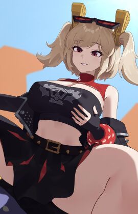 1girls absurdres belt black_jacket black_skirt blonde_hair burnice_white covered_erect_nipples crop_top cropped_jacket eyewear_on_head giyeodeo grin highres jacket red_eyes simple_background skirt smile solo sunglasses thick_thighs thighs twintails zenless_zone_zero