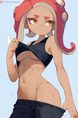 agent_8_(splatoon) artist_name bare_shoulders breasts dark-skinned_female dark_skin female gradient_hair highres large_breasts looking_at_viewer medium_hair multicolored_hair navel octoling octoling_girl patreon_username red_hair simple_background solo splatoon splatoon_(series) splatoon_3 splatoon_3:_side_order sports_bra twitter_link yellow_eyes yoga_pants zelc-face