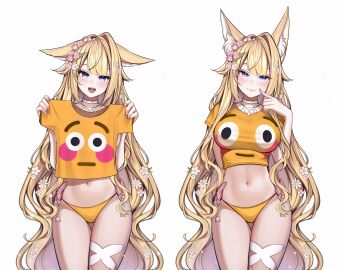 2d 2d_artwork bare_legs belly_button big_breasts blonde_female blonde_hair blue_eyes blush breasts choker commission female flower_in_hair furry furry_ears furry_female hair_ornament harunakii hourglass_figure kitsune_eve_(vtuber) long_hair looking_at_viewer necklace panties provocative pulling_shirt short_shirt slim_waist smiling_at_viewer tagme tight_clothing tight_fit twitch very_long_hair white_background
