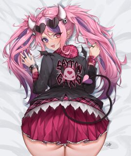 1girls absurdres ahoge artist_signature ass ass_focus ass_up black_bracelet blush bracelet demon demon_girl demon_horns demon_tail eyewear_on_head female goth goth_girl heart heart-shaped_eyewear heart_ahoge heterochromia highres horns ironmouse ironmouse_(15th_costume) jewelry long_hair looking_at_viewer multicolored_hair oerba_yun_fang open_mouth pigtails pink_bracelet pink_hair pink_skirt pointy_ears purple_eyes purple_hair red_eyes rosebell_(artist) skin_fang skirt solo spiked_bracelet spikes streaked_hair succubus tail top-down_bottom-up virtual_youtuber vshojo vtuber