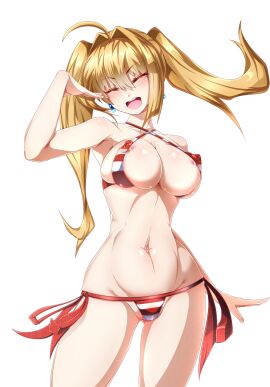 1girls big_breasts blonde_female blonde_hair blush bra breasts closed_eyes fate/grand_order fate_(series) female mrtakenoko navel nero_claudius_(fate) nero_claudius_(swimsuit_caster) nipples open_mouth partially_nude pussy pussy_visible_through_panties smilling solo swimsuit