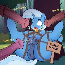 absurd_res animal_genitalia animal_penis animal_vulva anus ass bodily_fluids bondage bound crotch_breasts detailed_background elewdfurs equid equine equine_genitalia equine_penis equine_vulva eyelashes female feral friendship_is_magic genital_fluids genitals hasbro hi_res male male/female mammal my_little_pony outside peeing peeing_in_mouth peeing_on_another penis plant pupils quadruped restraints rope rope_bondage rope_harness sign tail thick_thighs tree trixie_(mlp) urine vulva watersports