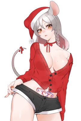 blush braid breasts christmas_outfit cleavage female female_only grey_hair looking_at_viewer mole mole_on_breast orange_eyes painted_nails partially_unbuttoned pubic_tattoo rat_ears rat_girl rat_tail ratsukare ribbon_choker santa_hat shorts sweater tail tail_ribbon tattoo tutimaru0730 virtual_youtuber vtuber womb_tattoo