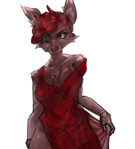 animatronic animatronic_female anthro big_breasts breasts dress dress_lift dress_pull female five_nights_at_freddy's fox fox_ears foxy_(fnaf) furry genderswap genderswap_(mtf) huge_breasts red_body red_fur red_hair rule_63 solo thick_thighs vihurah