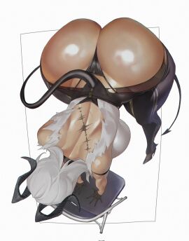 ass black_horns black_panties black_pants black_tail curled_horns demon_tail female highres horns huge_ass panties pants solo spiralnoww spiralnoww1 tacet_mark_(wuthering_waves) tail torn_clothes underwear white_background wuthering_waves zani_(wuthering_waves)