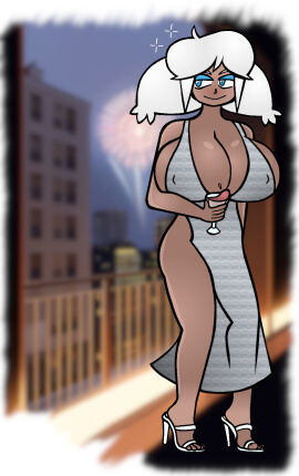 /ctt/ breasts console-tan dark-skinned_female dark_skin dress drunk eyeliner female gijinka high_heels huge_breasts humanization humanized nipples_visible_through_clothing playstation_5 ps5-tan silver_dress smile smiling smiling_at_viewer sony_interactive_entertainment twintails white_hair wine_glass