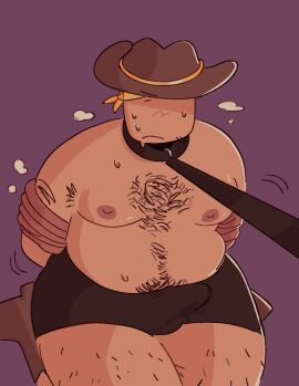 1boy arms_behind_back breath_cloud bulge chest civilian_(die_of_death) collar cowboy_hat die_of_death_(roblox) embarrassed fat_male hairy_male leash_pull male nonbinary popeexoxo pubic_hair revolver_(die_of_death) roblox roblox_game robloxian sweatdrop tagme thick_thighs tied_up unseen_character