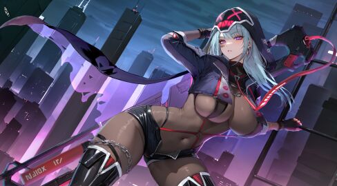 aeons_echo big_breasts breasts female game_cg hood jacket lux_(aeons_echo) nutaku purple_eyes silver_hair stockings tagme thick_thighs thighs
