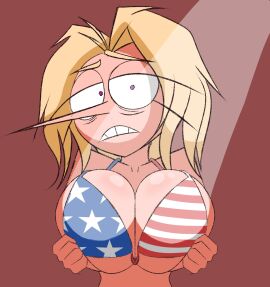 1girls 2d 2d_(artwork) american_flag_bikini big_breasts blonde_hair bra breasts eyebags female fourth_of_july light-skinned_female light_skin long_nose oc original original_character patty_(pepperonpatty) pepperonpatty pointy_nose usa_bikini