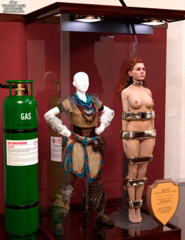 1girls 3d aloy barefoot bdsm big_breasts bondage bound bound_arms bound_legs breasts chloroform completely_nude english english_text feet female female_only full_body gas horizon_zero_dawn large_breasts mannequin nude nude_female orange_hair plaque red_hair redhead solo thejpeger toes trophy_case unconscious