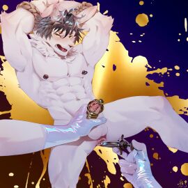 abs anthro anus blush bondage bound chastity_cage chastity_device clothing foreskin gaping gaping_anus gay gay_male genitals gloves hair half-erect hands_above_head hands_tied hands_up handwear hi_res humanoid_genitalia humanoid_penis lagomorph leporid lueluel47505119 male male_focus male_only mammal medical_gloves muscular muscular_male navel nipple_piercing nipple_ring nipples open_mouth pecs penis penis_grab piercing rabbit restraints retracted_foreskin ring_piercing rope rope_bondage solo spread_legs spreading syringe uncircumcised white_body yaoi