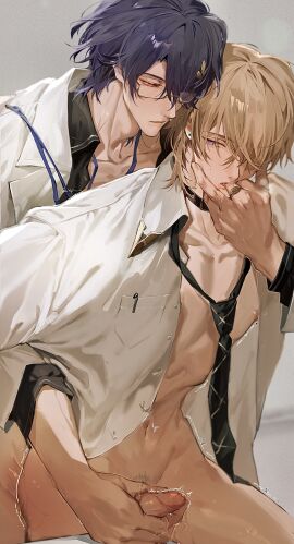 2boys absurdres alternate_costume artist_name aventurine_(honkai:_star_rail) belt_collar bespectacled black_collar black_necktie black_shirt blonde_hair blue_pupils bottomless breast_pocket breasts buttons coat collar collared_shirt commentary_request contemporary cowboy_shot curtained_hair dr._ratio_(academia)_(honkai:_star_rail) dr._ratio_(honkai:_star_rail) earrings elbow_gloves erection eye_contact finger_in_another's_mouth front-to-back glasses gloves gold_ring hair_behind_eyewear hair_over_one_eye handjob highres honkai:_star_rail honkai_(series) jewelry labcoat lanyard looking_at_another male male_focus male_only male_pubic_hair multiple_boys multiple_males naked_shirt navel necktie nose official_alternate_costume one_eye_covered parted_lips pocket protected_link pubic_hair purple_eyes purple_hair reach-around red_eyes saliva school_uniform shirt short_hair simple_background stud_earrings twitching twitter_username vyqi white_coat white_shirt yaoi