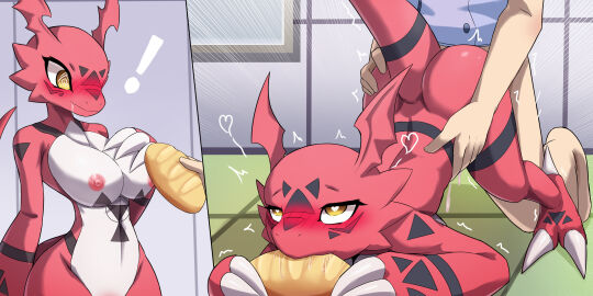 absurd_res anthro areola ass bandai_namco blush bread breasts claws digimon digimon_(species) female food guilmon hi_res human interspecies male male/female male_penetrating mammal nipples nude penetration red_body scalie sex zerokun135