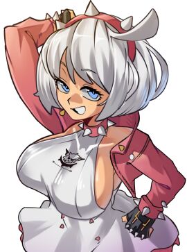 1girls 2d 2d_(artwork) 2d_artwork absurdres ahoge arm_on_own_head blue_eyes bob_cut bracelet breasts collar commentary dress elphelt_valentine female fully_clothed guilty_gear guilty_gear_strive hairband hand_up highres huge_ahoge jacket jewelry large_breasts moxydrawsmore pink_collar pink_hairband pink_jacket short_dress short_hair sideboob smile solo spiked_bracelet spiked_collar spiked_hairband spiked_jacket spikes upper_body white_hair