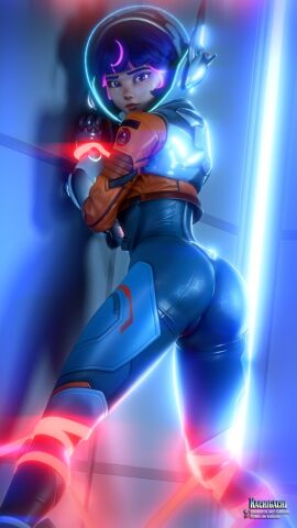 3d ass ass_focus big_ass bodysuit bondage bound cute female juno_(overwatch) kachigachi light-skinned_female light_skin looking_at_viewer looking_back overwatch overwatch_2 solo solo_female solo_focus thick