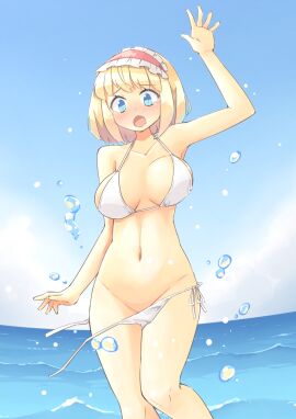 1girls alice_margatroid arnest big_breasts bikini blonde_hair breasts cleavage female fingerless_gloves gloves hairband headband headgear highres short_hair solo touhou wardrobe_malfunction