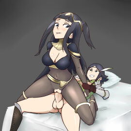 1futa 1girls bodystocking breasts clothed clothing duo erection female fire_emblem fire_emblem_awakening futa_on_female futanari human incest intersex light-skinned_female light-skinned_futa light_skin mostly_clothed mother_and_daughter noire_(fire_emblem) oksandio on_back penis pussy sex tharja_(fire_emblem) vaginal_penetration