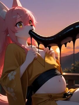 ai_generated anthro cumflation female force_feeding forced_oral fox_ears fox_girl furry grok inflation japanese_clothes kitsune pink_hair shorter_than_10_seconds slime_inflation small_breasts sound sunset tagme tentacle tentacle_in_mouth video yellow_eyes