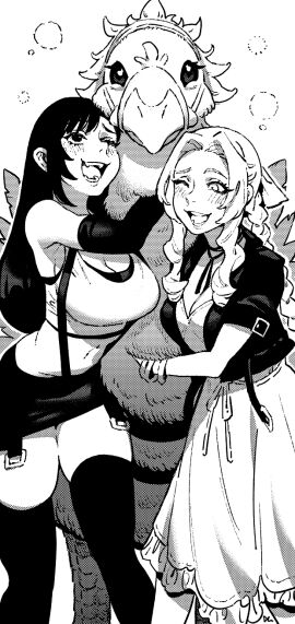 1animal 2girls aerith_gainsborough bare_shoulders blush_lines braided_ponytail breasts chocobo cleavage cropped_jacket doujinshi drunk drunk_bubble drunk_female emotionless facing_viewer feet_out_of_frame female final_fantasy final_fantasy_vii final_fantasy_vii_remake happy_female hard_pixels ireading62 long_hair looking_at_another medium_breasts midriff miniskirt monochrome outline pencil_skirt sidelocks skindentation square_enix standing suspender_skirt thighhighs tifa_lockhart white_outline