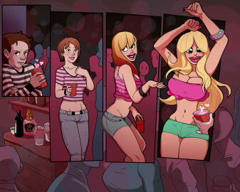 ass_expansion before_and_after blackshirtboy blonde_hair blue_eyes breasts brown_eyes brown_hair cleavage comic dancing female femsub gender_transformation heart huge_lips hypnotic_drink hypnotic_drug hypnotic_food large_breasts long_hair male male_to_female malesub mtf_transformation original revealing_clothes short_hair skimpy_clothes text tight_clothing transformation transformation_sequence