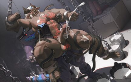 absurd_res anal anal_sex anthro ass beard black_body blue_tongue blush bodily_fluids bondage bovid bovine bucket cattle chained_cuffs chains chest_tuft clothing collar container cuff_(restraint) cum cum_in_bucket cum_in_container dildo drooling ejaculation erection facial_hair facial_piercing foreskin genital_fluids genitals hair happy hat headgear headwear hi_res horn humanoid_genitalia humanoid_penis hypnosis hypnotic_visor inside lactating looking_pleasured male male_lactation male_only mammal mind_control nipple_fetish nipple_piercing nipple_pinch nipple_play nipple_ring nipples nose_piercing nose_ring open_mouth penetration penile penile_penetration penis penis_grab penis_in_ass penis_milking penis_milking_machine piercing pinch pubes purple_body rear_view reptile restraints retracted_foreskin ring_piercing saliva scalie sex_toy shackles solo teeth tentacle_around_legs three-quarter_view tongue tuft uncircumcised uriex white_beard white_facial_hair white_hair white_pubes zorgzhang