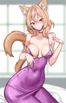 animal_ears artist_request bare_shoulders blonde_hair blurry blurry_background blush breasts choker cleavage covered_navel depth_of_field dress female large_breasts long_hair looking_at_viewer multicolored_hair purple_dress solo squchan_(vtuber) strap_slip streaked_hair tail vyugen