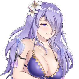 1girls alternate_costume bare_shoulders bikini breasts camilla_(fire_emblem) cleavage female female_only fire_emblem fire_emblem_fates fire_emblem_heroes flower hair_flower hair_ornament large_breasts long_hair looking_at_viewer nintendo official_alternate_costume purple_bikini purple_eyes purple_hair purple_swimsuit smile solo succducc888 swimsuit upper_body very_long_hair white_flower