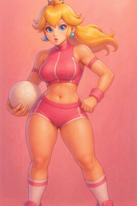 1girls ball big_breasts blonde_hair blue_eyes breasts busty crown earrings female female_only hand_on_hip hi_res jewelry large_breasts legs looking_at_viewer midriff nintendo pink_lipstick ponytail pose posing princess_peach shoes shorts sneakers soccer soccer_ball socks solo sportswear super_smash_bros. thighs toned voluptuous