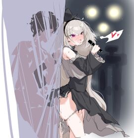 1boy absurdres bare_shoulders behind_curtains black_dress blue_archive blush curtains detached_sleeves dress female grey_hair hat heart highres holding holding_microphone idol long_hair male microphone mini_hat mini_top_hat no_halo panties panty_pull plentyofempty purple_eyes pussy pussy_juice sakurako_(blue_archive) sakurako_(idol)_(blue_archive) spoken_heart stealth_sex straight sweat top_hat underwear