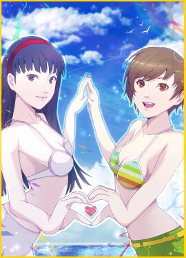 2girls amagi_yukiko amagi_yukiko_(swimsuit) atlus breasts corner50777313 female female_only looking_at_viewer open_mouth persona persona_4 satonaka_chie satonaka_chie_(swimsuit) swimsuit tagme