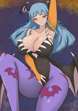 armpits bat_wings big_sister blush boots breasts capcom cosplay covered_navel crossover_cosplay curvaceous darkstalkers demon female fire_emblem fire_emblem:_three_houses fire_emblem_heroes grey_eyes huge_breasts impossible_clothes in2naps leotard light_blue_hair long_hair marianne_von_edmund morrigan_aensland morrigan_aensland_(cosplay) nintendo pantyhose skin_tight smile solo succubus thick_thighs wings