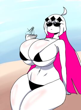 1girls belly big_breasts bikini bikini_top breasts female fnf_entity friday_night_funkin friday_night_funkin_mod full_comfort huge_breasts huge_thighs nikusa_(sugarratio) partially_clothed sitting sitting_on_sand slim_waist sunglasses sunlight white_hair wide_hips