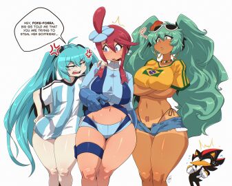 1boy 3girls argentina argentinian argentinian_miku big_breasts brazil brazilian brazilian_female brazilian_miku breasts clothed clothing crossover earrings english_text eyebrows_visible_through_hair female fighting_over_boy game_freak hatsune_miku i_just_love_latinas_sonic large_breasts latin_american_hatsune_miku_(meme) latina male meme navel nintendo pokemon pokemon_bw ryousakai sega shadow_the_hedgehog skyla_(pokemon) sonic_(series) tan tan-skinned_female tan_body tan_skin tanline tanned tanned_skin text thick_thighs vocaloid white_background wide_hips