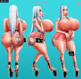 big_breasts big_lips bimbo bimbo_body bimbo_boobs bimbo_lips black_high_heels breasts breasts_bigger_than_head choker collar female gold_jewelry huge_breasts huge_lips hyper jasmyn_jade_(lvst_inc.) large_breasts lvst_inc. pink_lips white_hair