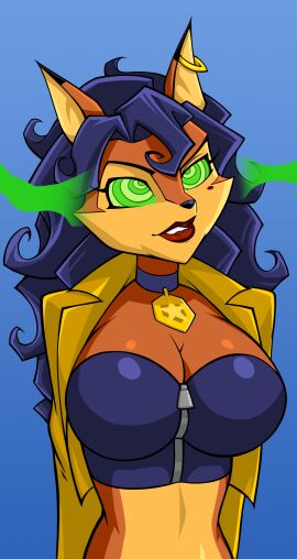 absurdres biting_lip blue_hair breasts carmelita_fox cleavage collar crossed_eyes earrings female_only femsub fox_girl furry happy_trance hypnosis hypnotic_whistle hypnotized jewelry kaa_eyes large_breasts long_hair magic mind_control mole open_mouth red_hair sly_cooper_(series) smile tongue vevymani