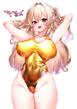 :3 :d arms_behind_head blonde_hair breasts cameltoe commission commissioner_name covered_erect_nipples covered_navel cowboy_shot female gold_one-piece_swimsuit hair_between_eyes highleg highleg_one-piece_swimsuit highres large_breasts long_hair looking_at_viewer numako_(pizza_kanon) one-piece_swimsuit open_mouth phantasy_star phantasy_star_online_2 pointy_ears pussy red_eyes second-party_source simple_background smile smug solo swimsuit two_side_up wet white_background white_one-piece_swimsuit yellow_one-piece_swimsuit yutazou