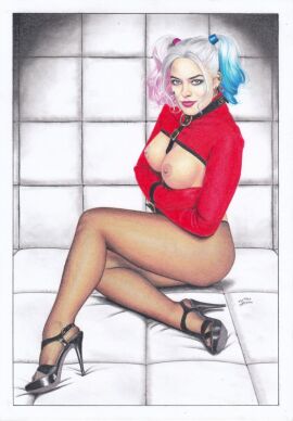 1girls bondage bound breasts breasts_out dc dc_comics female female_only femsub harley_quinn high_heels margot_robbie pantyhose realistic sitting straitjacket suicide_squad tim_grayson