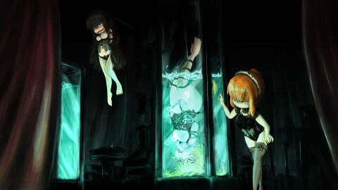 3girls absurdres against_glass asphyxiation bad_id barefoot bit_gag black_eyes black_hair blonde_hair bondage bound breast_press breasts breasts_on_glass breasts_out brown_eyes brown_hair dark dark_room drowning feet_out_of_frame female femdom gag highres indoors large_breasts lingerie long_hair looking_at_another maid_headdress multiple_females multiple_girls orange_hair original peril ring_gag rou271 rou_(rou22) standing suspension thighhighs underwater underwear upside-down water water_tank yellow_eyes yuri