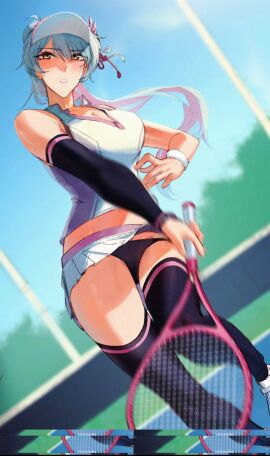 1girls blue_hair color colored dangodes dwango female hat miniskirt original original_character panties pantyshot socks solo solo_female solo_focus tennis tennis_ball tennis_court tennis_outfit tennis_racket tennis_uniform