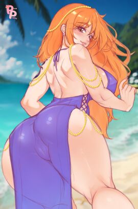 1girls arm_tattoo artpink_poday ass big_breasts blue_tattoo breasts female female_human female_only human muscular muscular_female nami_(one_piece) nami_(one_piece)_(zou) one_piece one_piece:_zou_arc orange-haired_female orange_hair post-timeskip purple_dress slim_waist tattoo thick_ass thick_thighs variant_set wide_hips