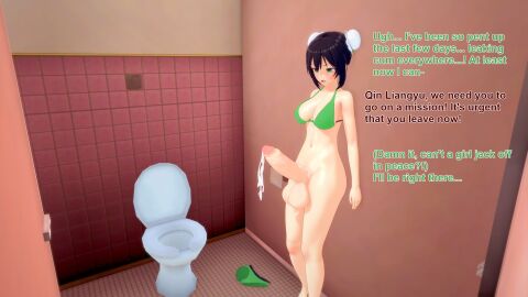 1futa 3d bathroom_stall bikini black_hair double_bun english_text fate/grand_order fate_(series) female futanari green_eyes intersex koikatsu large penis qin_liangyu_(fate) tagme text xavierhuge