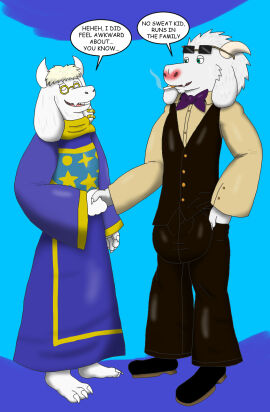 alythewolfcat anthro big_bulge boss_monster_(undertale) bovid bow_tie bulge caprine cigarette cigarette_in_mouth clothing detailed_bulge duo ear_piercing ear_ring english_text eyewear eyewear_on_head fan_character genital_outline gesture goat handshake hi_res huge_bulge leiras male mammal nekrahn object_in_mouth penis penis_outline piercing ring_piercing sunglasses sunglasses_on_head text