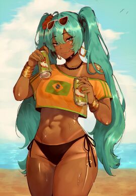 1girls ass big_ass big_thighs bikini brazil brazilian brazilian_female brazilian_miku breasts can color color_edit cyan_eyes cyan_hair edit female female_only female_torso hatsune_miku holding_object huge_ass huge_thighs latin_american_hatsune_miku_(meme) long_hair looking_at_viewer masoq095 medium_breasts shirt shorts solo sweat sweatdrop sweating tan tan_body tan_line tan_lines tanline tanlines thick_hips thick_thighs thighs thong twintails vocaloid