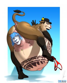 anthro anus ass belly big_belly black_body black_fur blue_hair bodily_fluids bovid bovine brown_body brown_fur cattle clothed clothing clothing_around_one_leg cuntboy duo ear_piercing eyewear felid fur genital_fluids genitals glasses hair hat head_outside_pussy headgear headwear hi_res hooves huge_belly intersex intersex/male lion male mammal navel nipple_piercing nipples owligatorstudios pantherine partially_clothed piercing pussy raised_tail segremores solo_focus tail tattoo unbirthing underwear underwear_around_one_leg underwear_down vaginal_fluids vaginal_penetration vore white_body white_fur