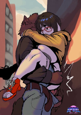 ambiguous_penetration anthro apsel_bluestar apseltheblue ass big_ass big_breasts big_penis blush breasts clothed eyewear female implied_sex male mochi_(jxzuke) penis sandals