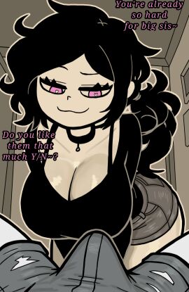 1boy 1girls :3 accurate_art_style anon anonymous_male ashley_graves big_breasts big_sister breasts brother bulge cleavage duo english english_text erection_under_clothes female hanging_breasts heart-shaped_pupils huge_breasts incest incest_play large_breasts light-skinned_female light_skin little_brother looking_at_penis male male_pov older_female older_sister penis penis_awe pov smug straight text the_coffin_of_andy_and_leyley unepicroachy y/n y/n_(unepicroachy)